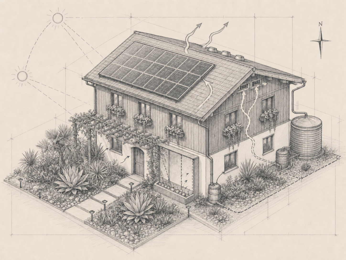 Axonometric charcoal study of a passive home with solar array, rainwater cistern, and cross-ventilation arrows