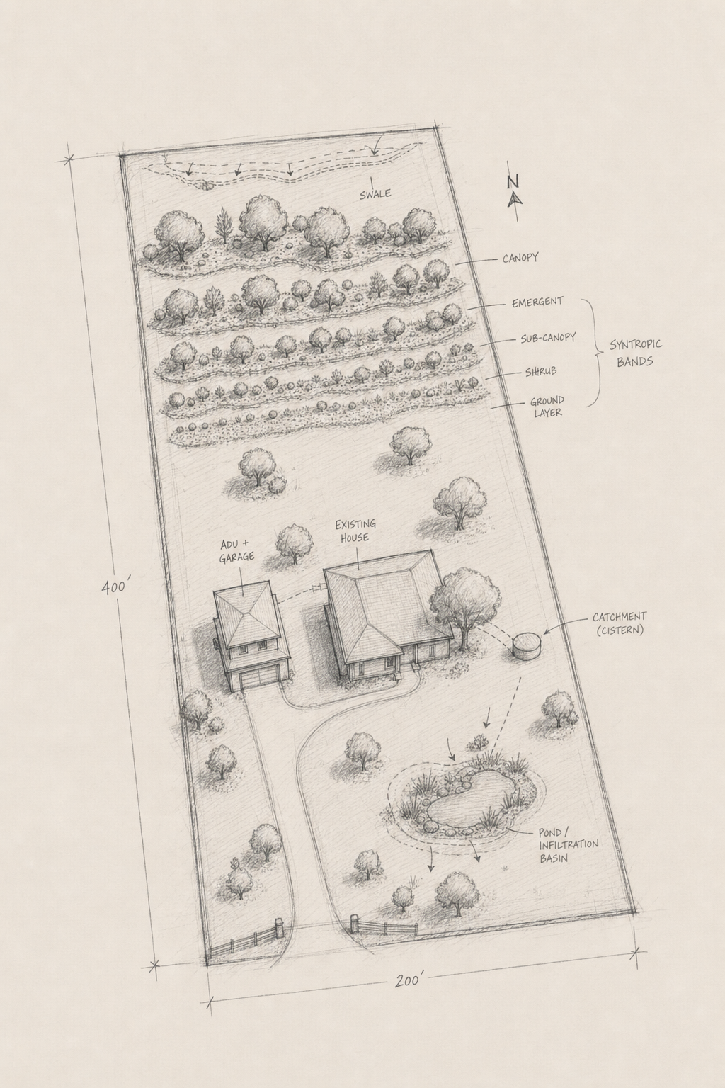 Long site plan sketch with syntropic bands, house, ADU, and rainwater catchment feeding an infiltration pond