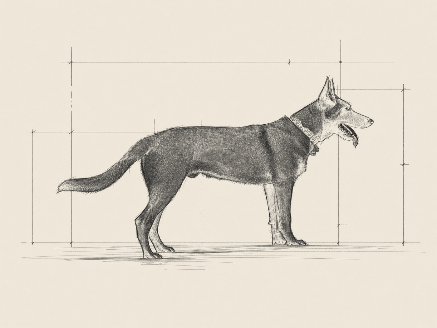 Hand-drawn architectural sketch of Nalu, a Belgian Malinois, sitting in profile with alert erect ears.