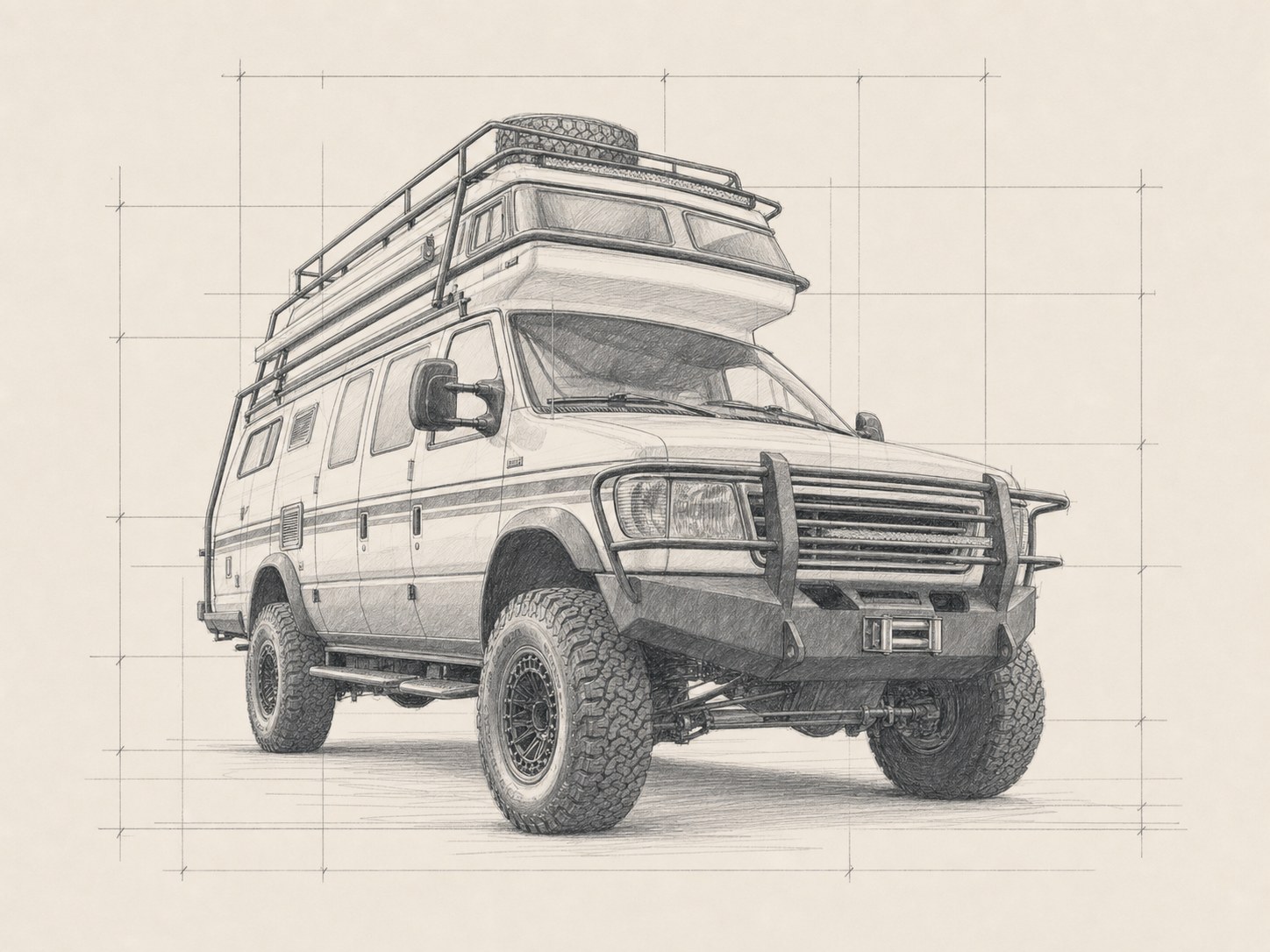 Hand-drawn architectural drafting sketch of the Millennial Falcon — a custom lifted Ford E350 Intervec pop-top van with roof rack, spare tire, and off-road bumper.