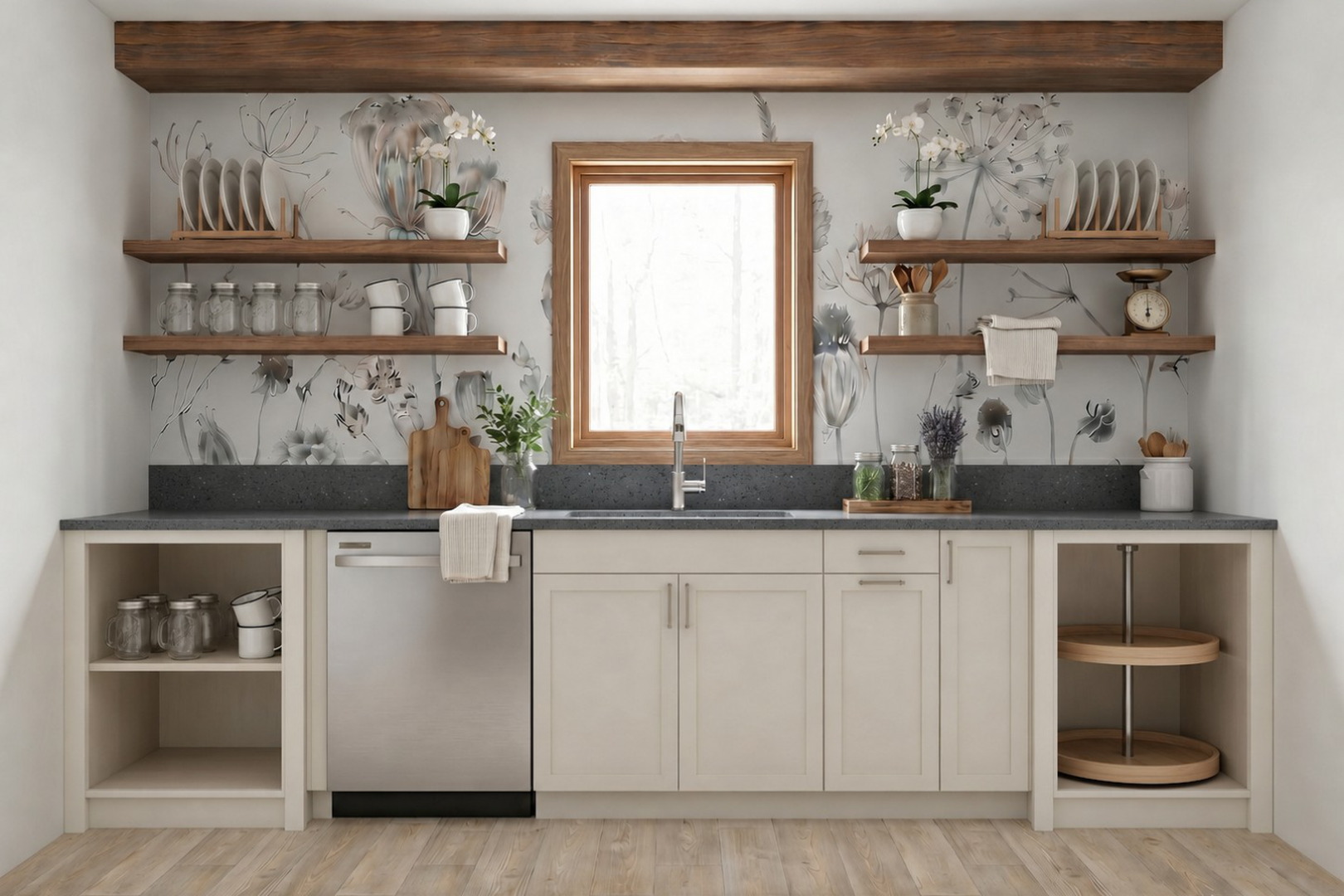 Escondido kitchen renovation with walnut beams, shaker cabinetry, and botanical wallpaper