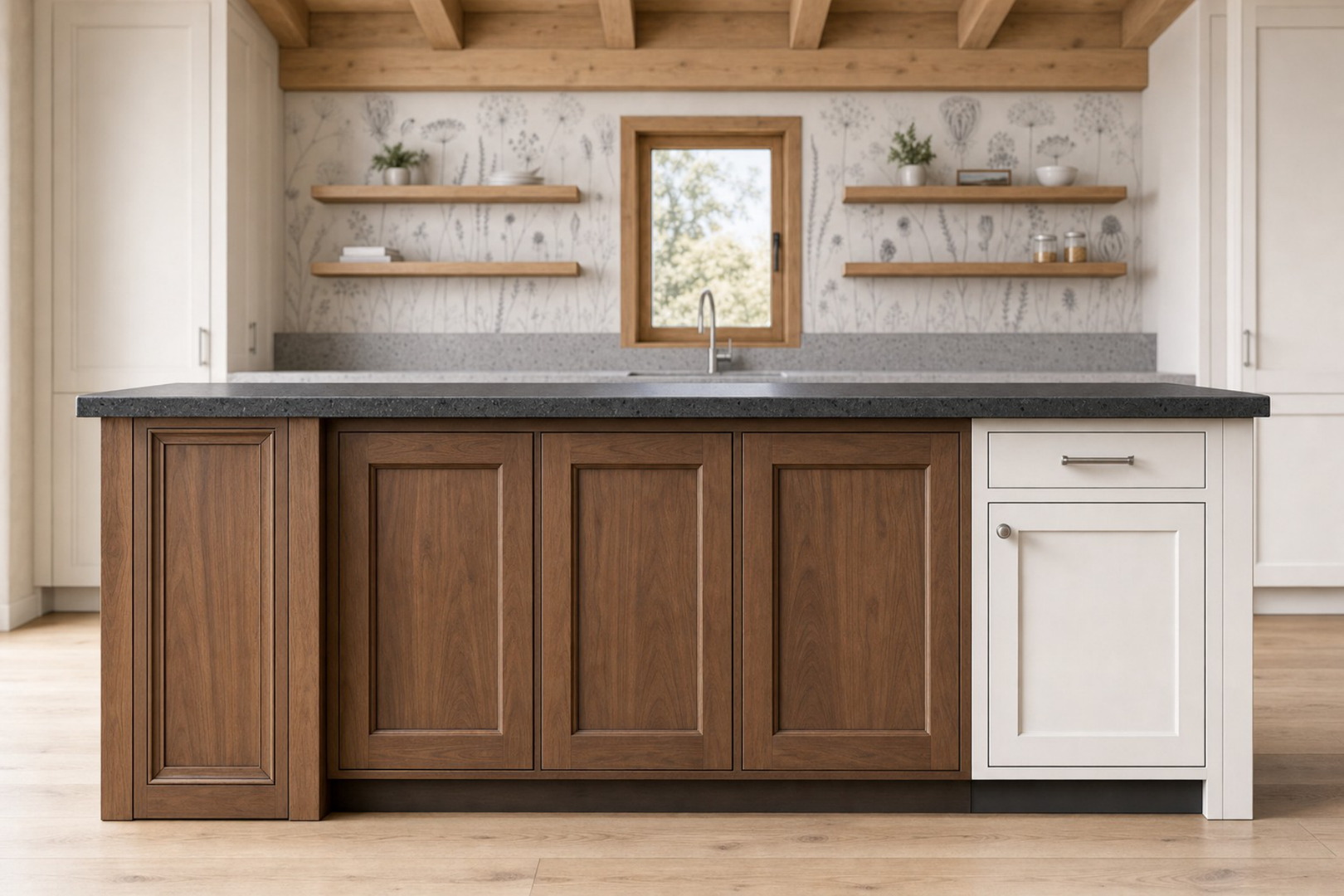 Escondido kitchen walnut island with charcoal quartz counter