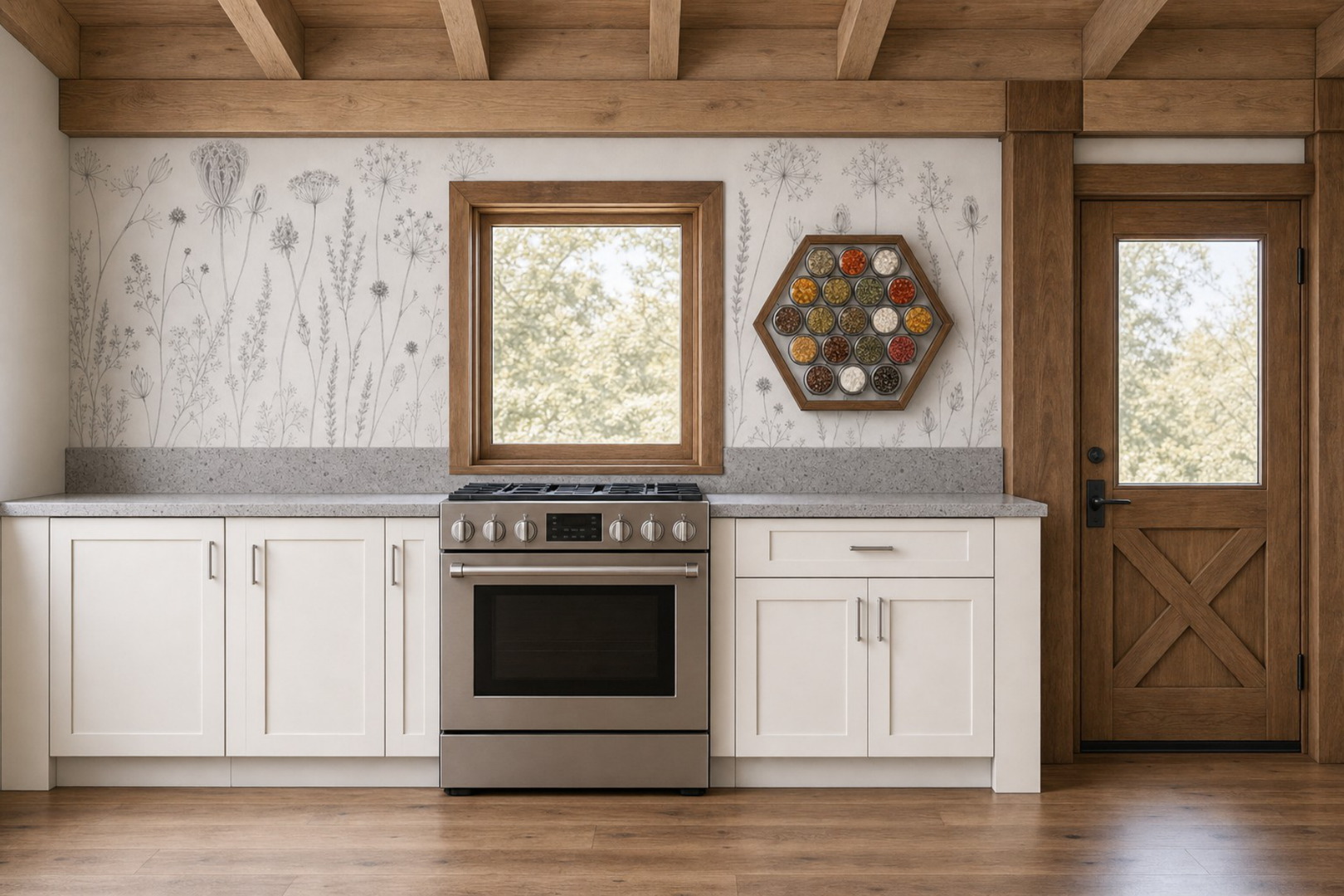 Escondido kitchen range wall with hex spice board and X-braced door