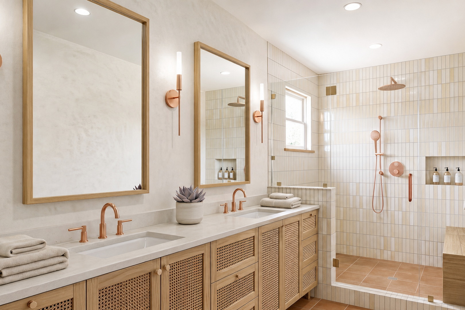 Vista primary bathroom with cane vanity, copper fixtures, and stack-bond tile shower