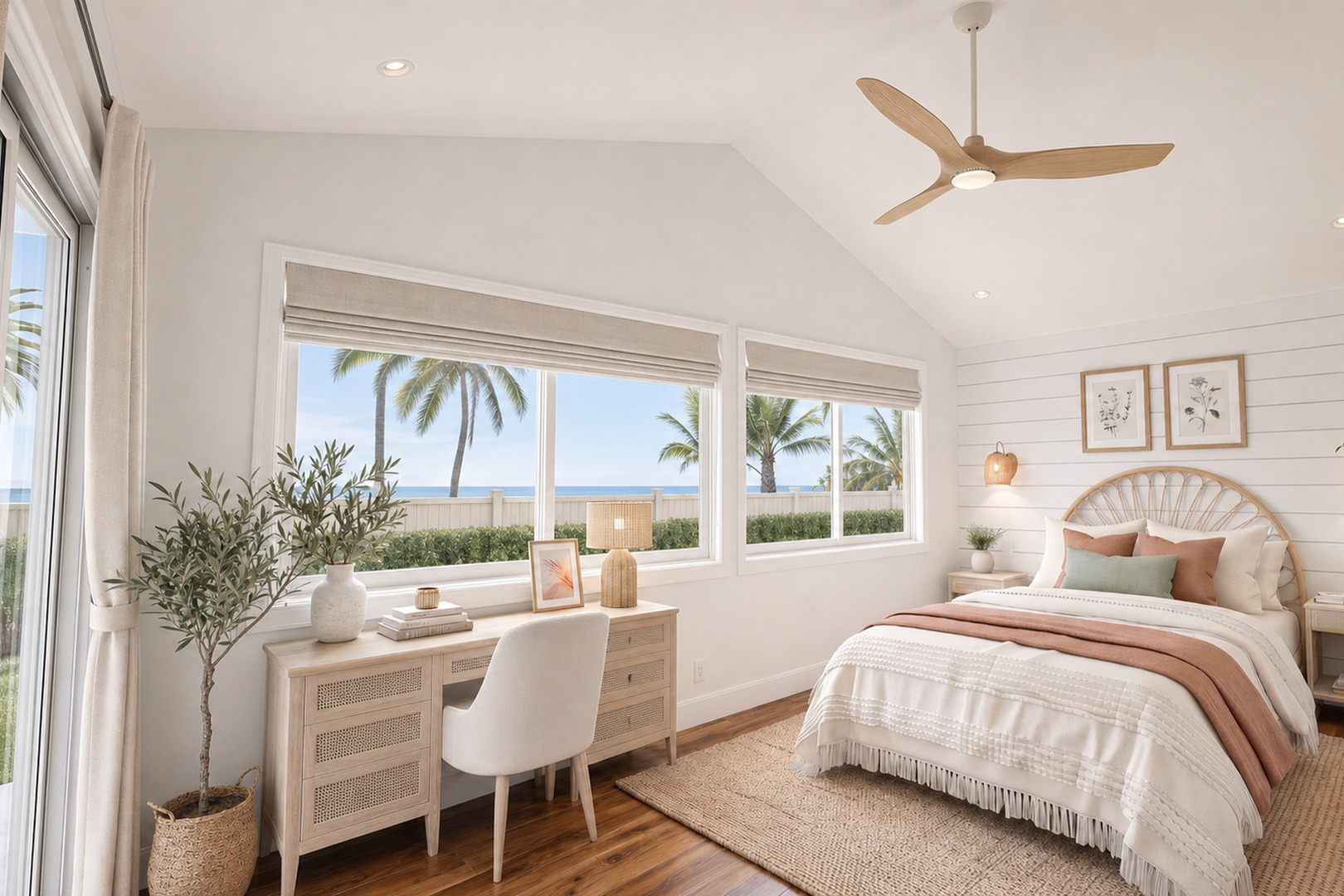 Vista coastal bedroom with shiplap accent wall, rattan headboard, and ocean view