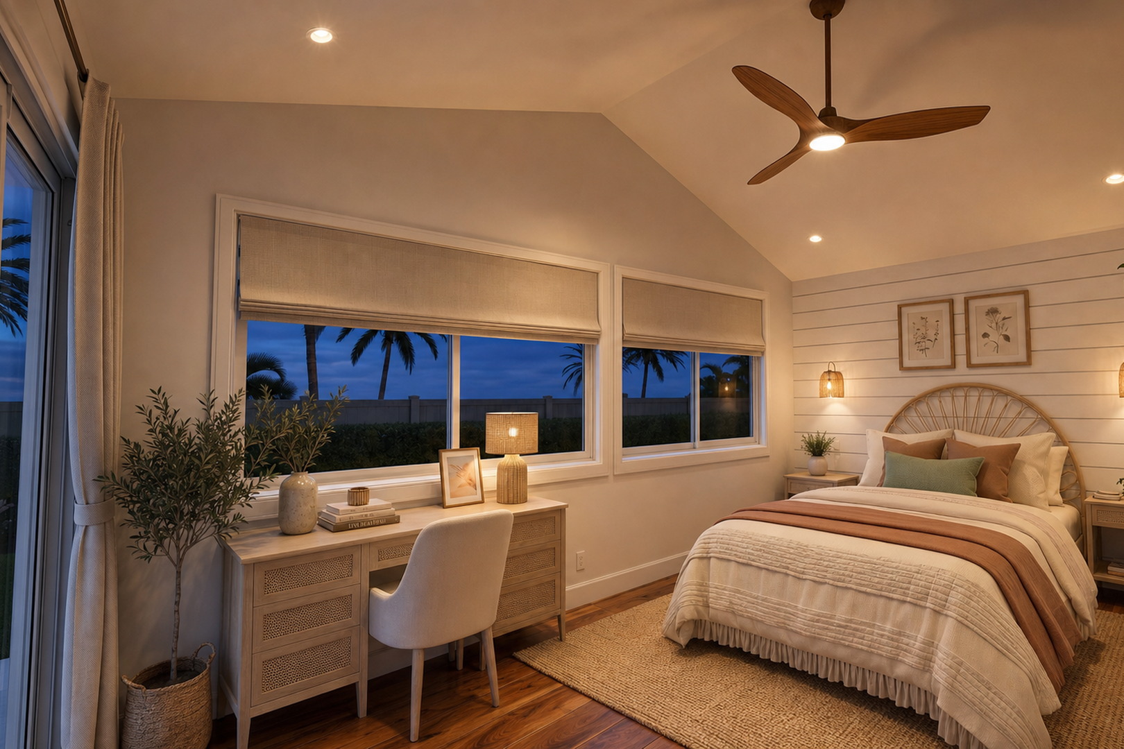 Vista coastal bedroom at dusk with warm sconce lighting