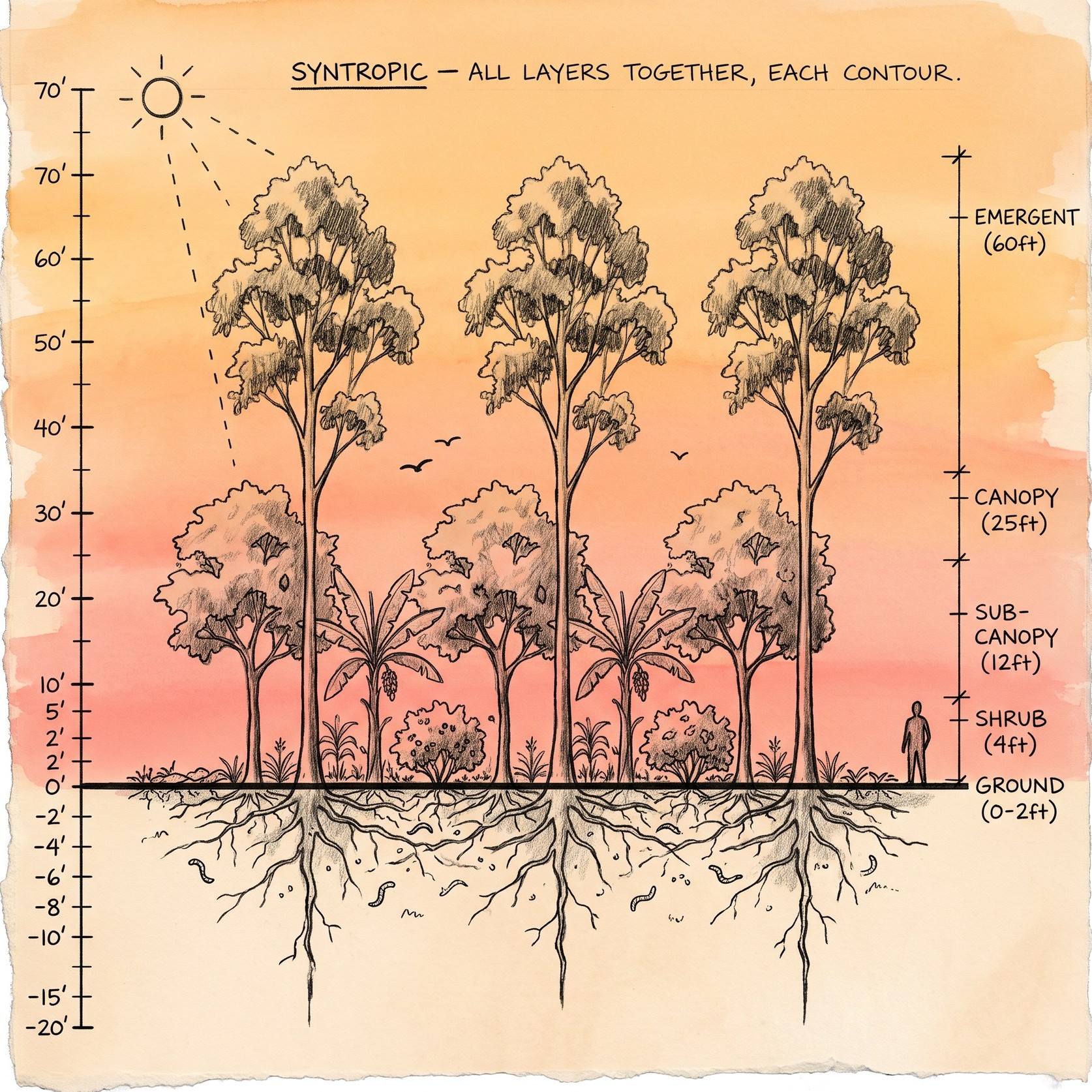 Syntropic cross-section — emergent, canopy, sub-canopy, shrub, and ground layers interlocked along each contour