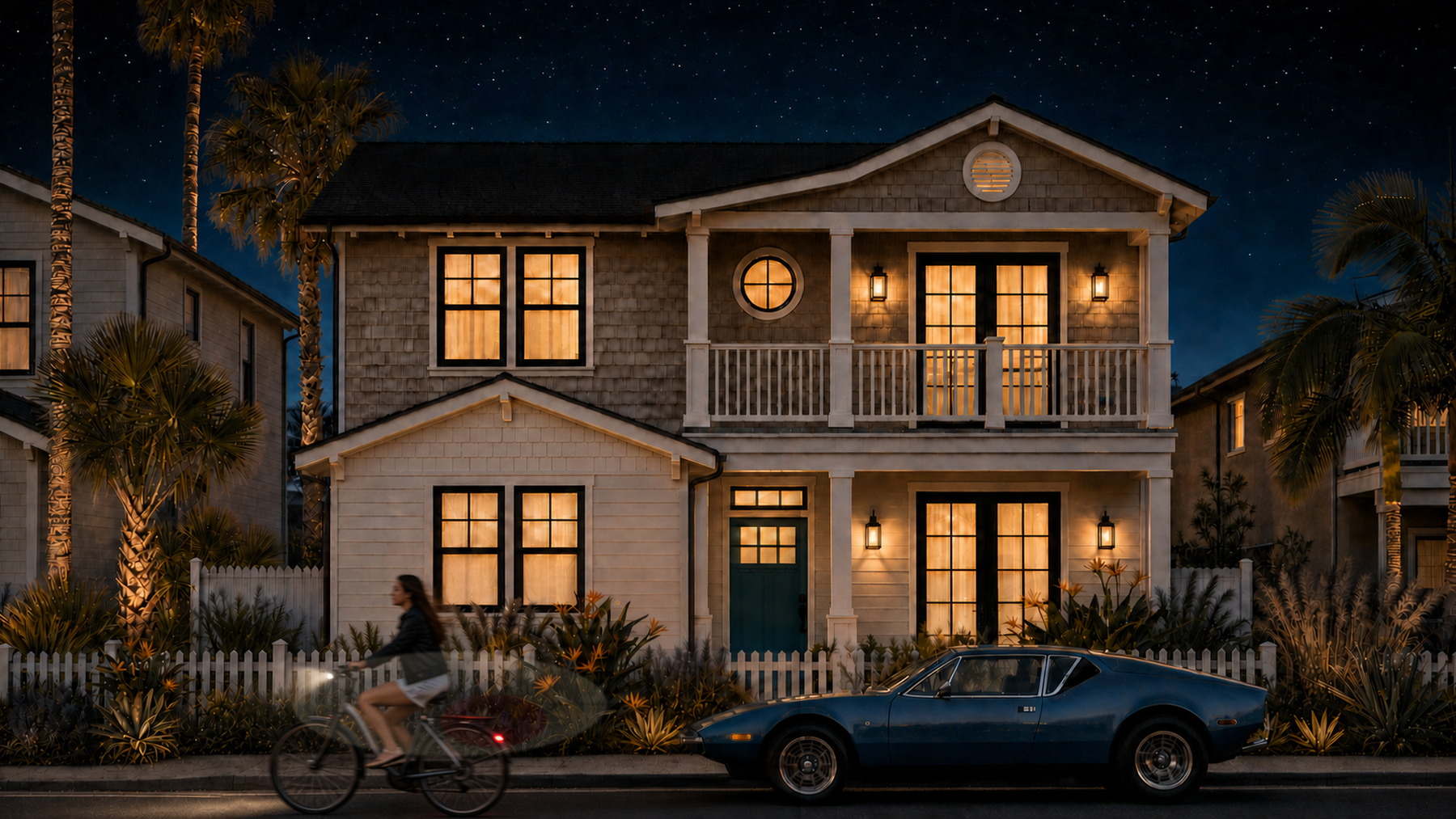Oceanside coastal duplex at night with warm interior light and streaking bike lights