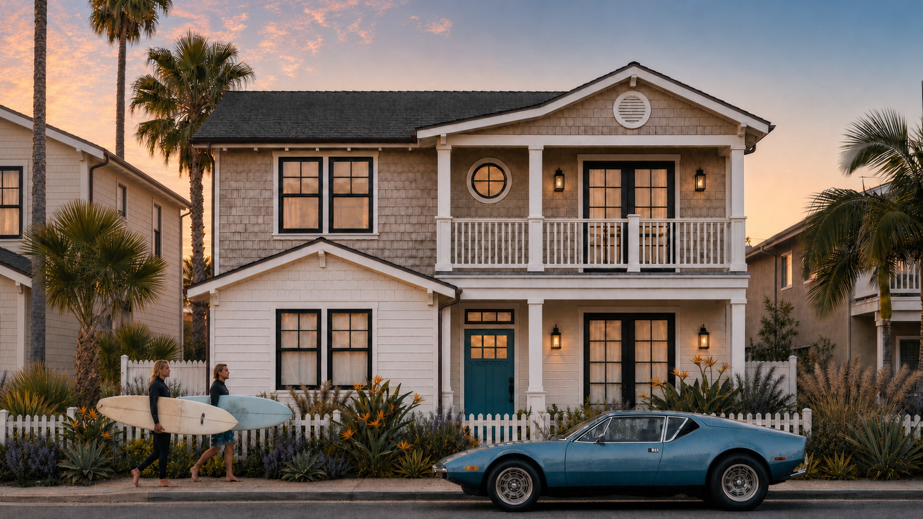Oceanside coastal duplex at sunset with a vintage Pantera parked at the curb