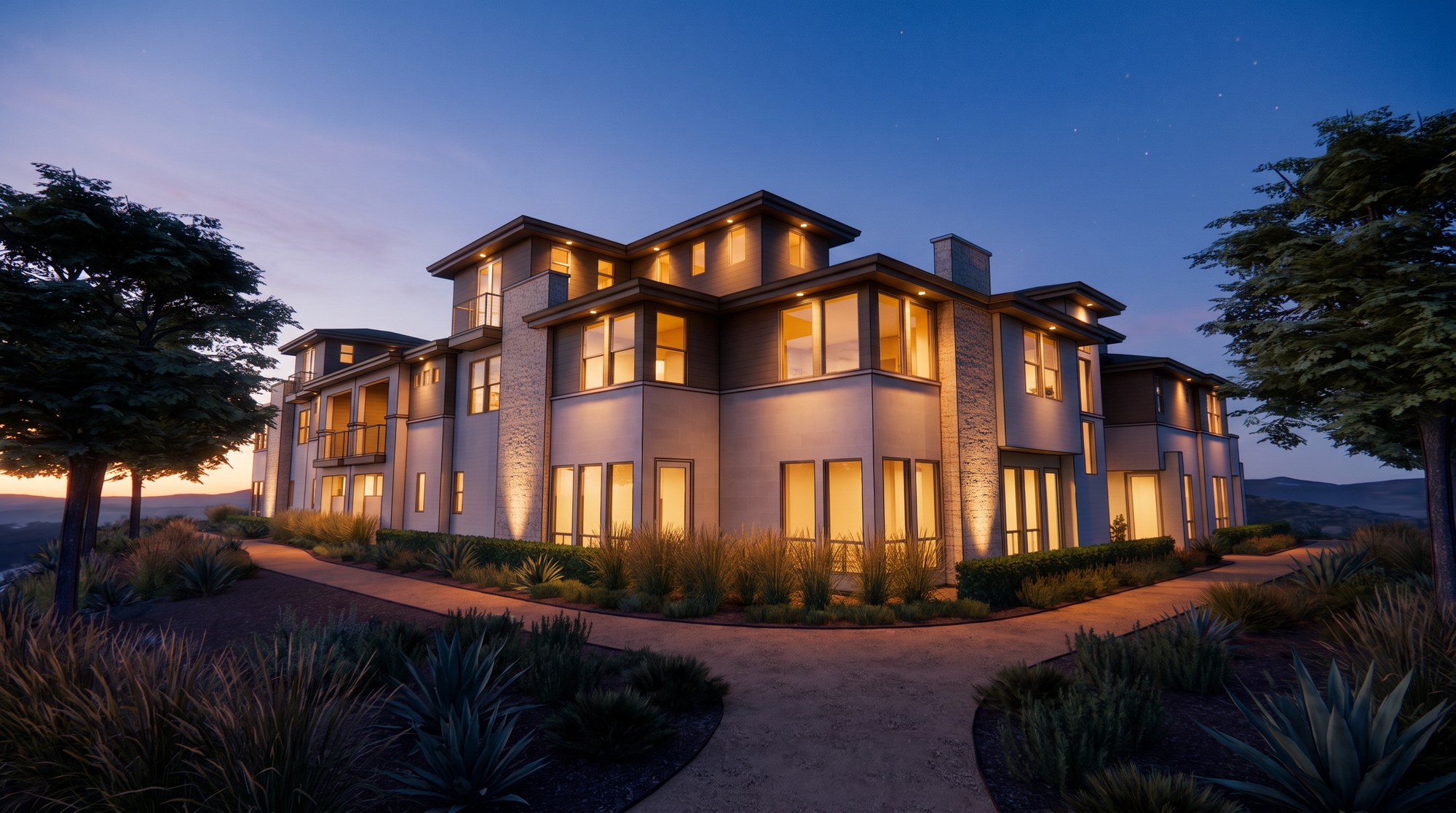 Mission Valley multifamily condominium building at evening blue hour, warm interior light glowing through the windows