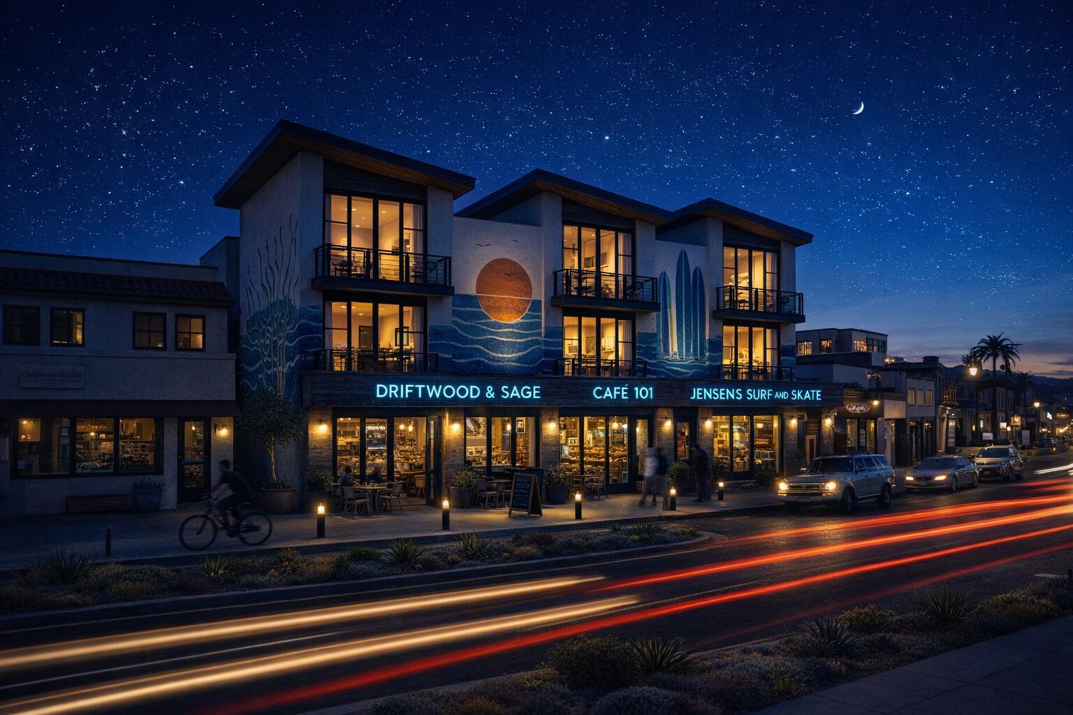 Leucadia coastal mixed use at night with long-exposure car light trails and warm storefront neon
