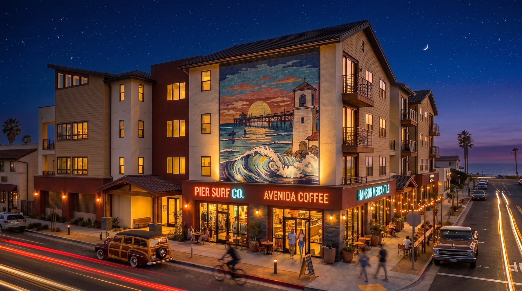 San Clemente multifamily at night with tile mural uplit, warm neon storefront signage and long-exposure car light trails