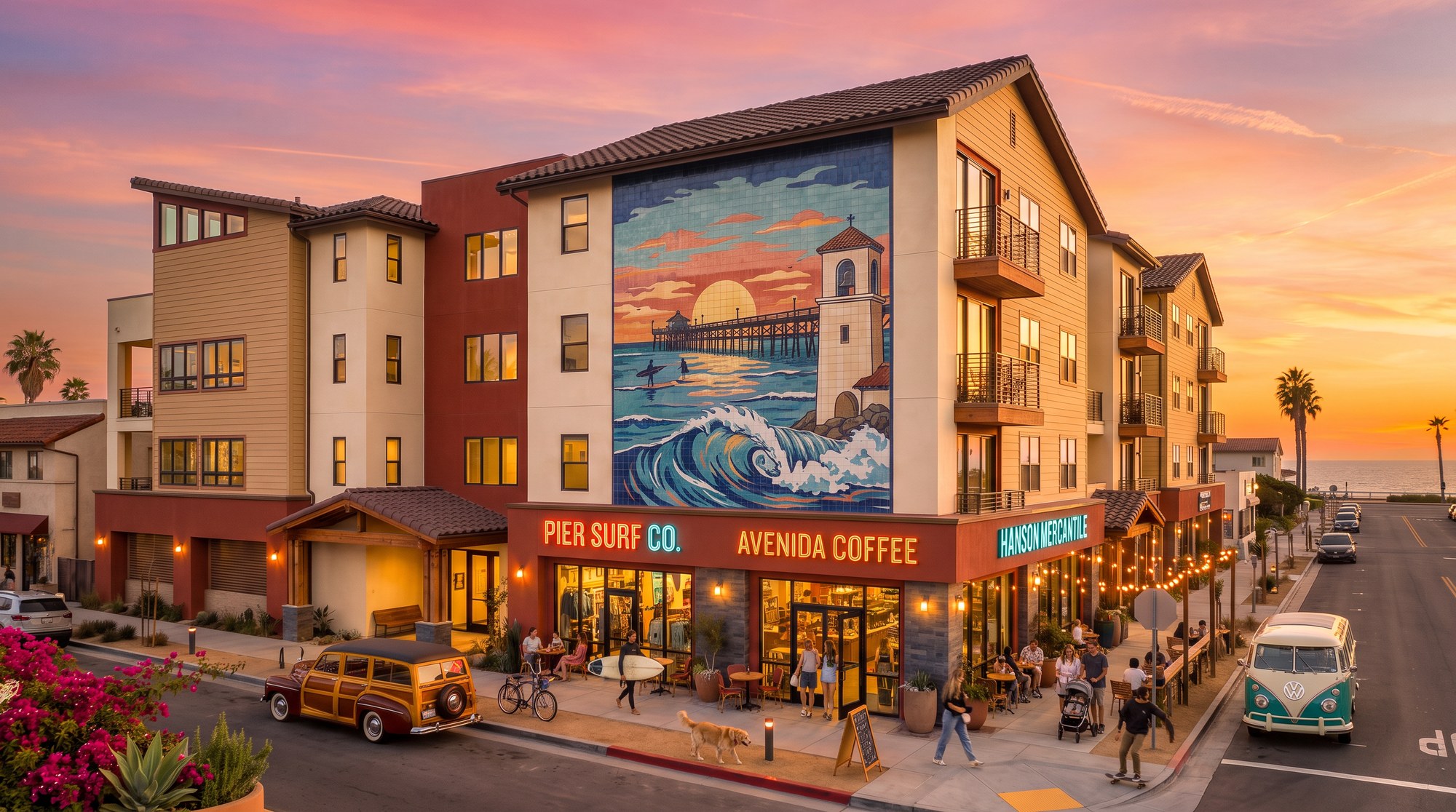 San Clemente multifamily with handpainted tile mural of San Clemente Pier and Spanish bell tower, active daytime street life