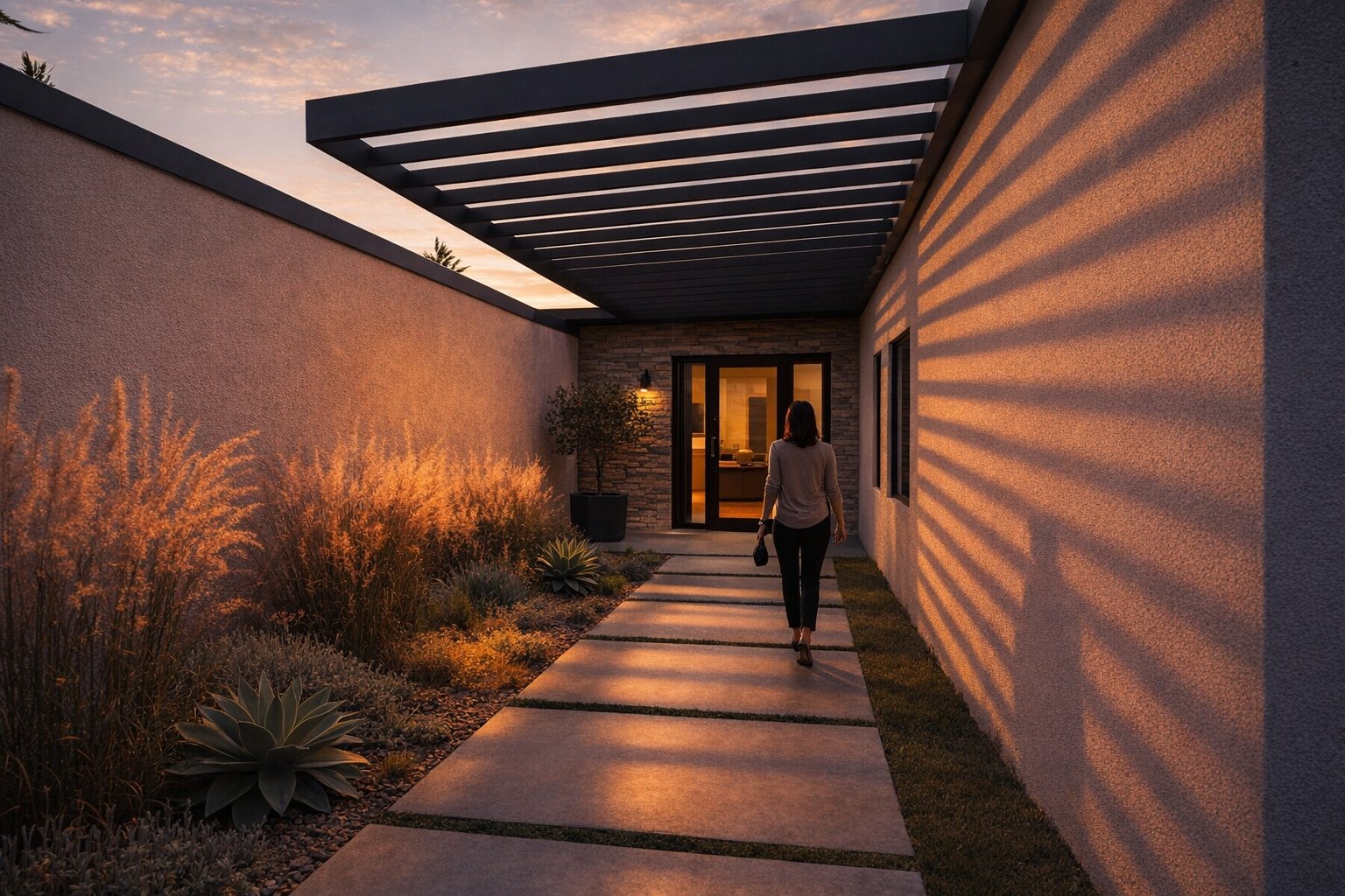 Residential entry courtyard at golden hour